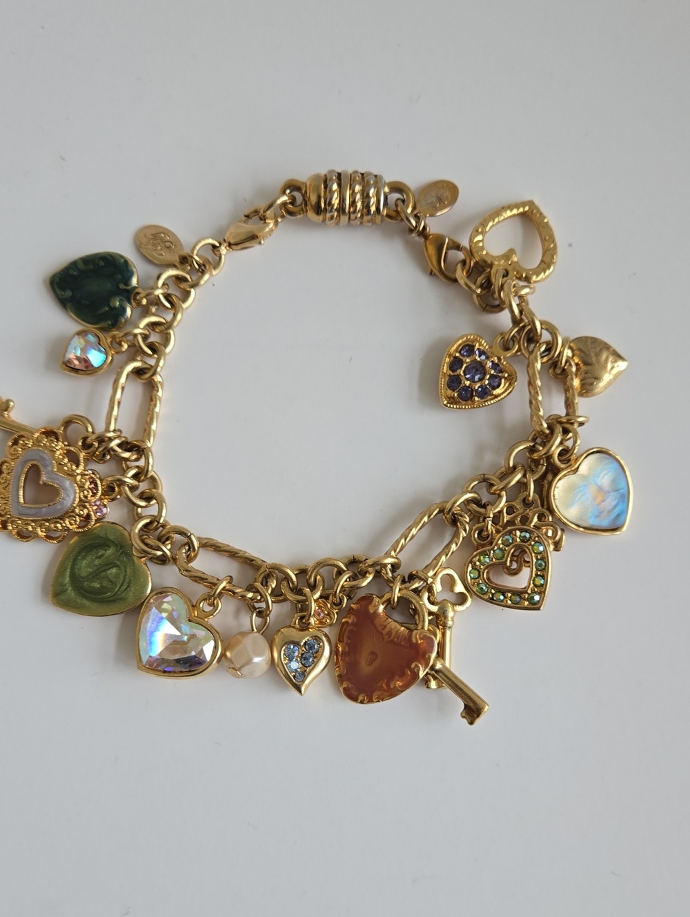 Kirks Folly | Gold Tone Charm Bracelet Heart Crystal Dangle Magnetic 7.5 in
